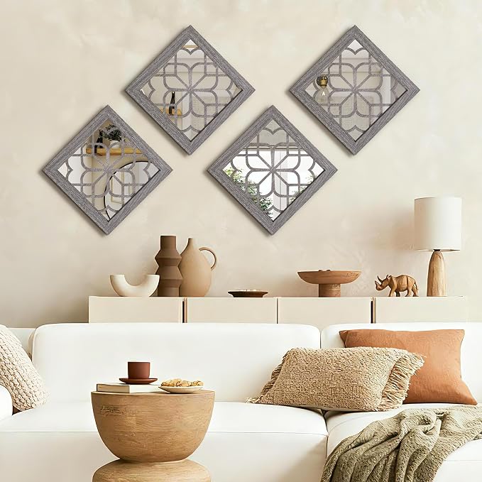 Set of 4 Boho Wall Mirrors with Carved Floral Design, 12x12 Inch Rustic Farmhouse Accent Mirrors, Vintage Style Shatterproof Square Mirror Decor for Living Room, Bedroom(Brown) - Image 6