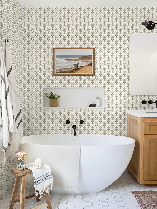 Dimoon 17.3''x197'' Peel and Stick Wallpaper Floral Beige Boho Neutral Cute Contact Paper Vintage Village Country Cottage Wallpaper Farmhouse Renter Friendly Geometry Waterproof Kitchen Bedroom - Image 8