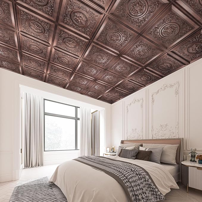 WOWSTAR 12-Pack 24"x24" 3D Drop Ceiling Tiles, Waterproof Glue up Ceiling Panels, Antique Copper | PVC ceiling panels, 24"x24", waterproof, glue-up install, basement kitchen bathroom, 12-pack - Image 3