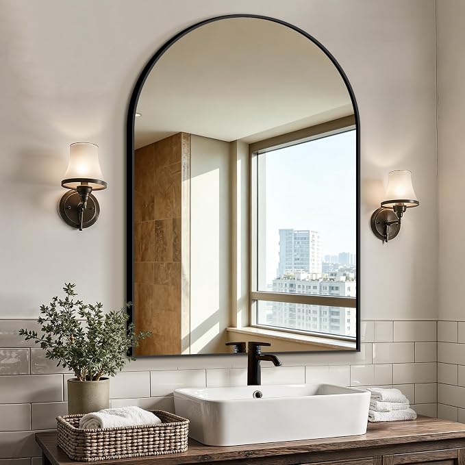 Arched Bathroom Vanity Mirror for Over Sink, 38”x26”, Black by LawadaMirror