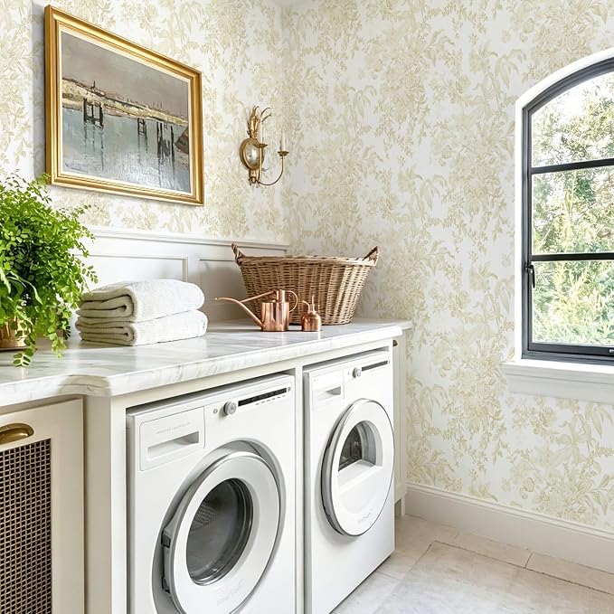 Heroad Floral Peel and Stick Wallpaper Boho Beige Contact Paper Toile Leaf Wall Paper Removable Self Adhesive Stick on Wallpaper for Nursery Bathroom Bedroom Renter Friendly Vinyl Roll 17.3''X78.7'' - Image 4