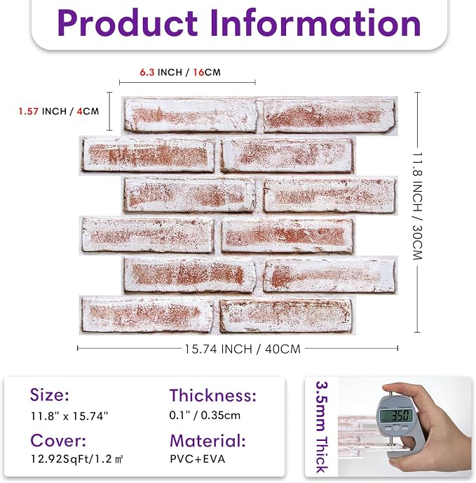 3D Faux Brick Wall Panels Peel and Stick, Designed for Quick DIY | White with Red, 10 Pcs 15.7" x 11.8", Brick-Look, Light PVC Fake Brick Covering Tiles for Wall Renovation, Cover 12.9 sq ft - Image 5