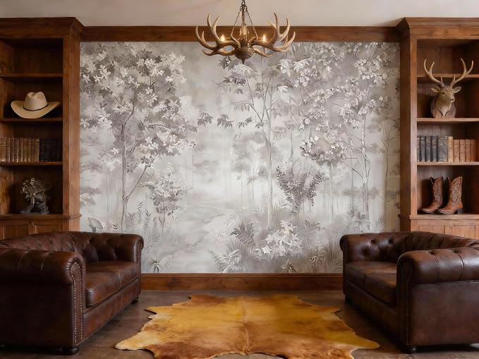 ASJ Forest Peel and Stick Wallpaper Mural, Misty Monochrome Warm Gray | Seamless edge-to-edge match. Sketch tree leaf landscape artwork, 139x94 in, premium fabric, living room bedroom. - Image 6