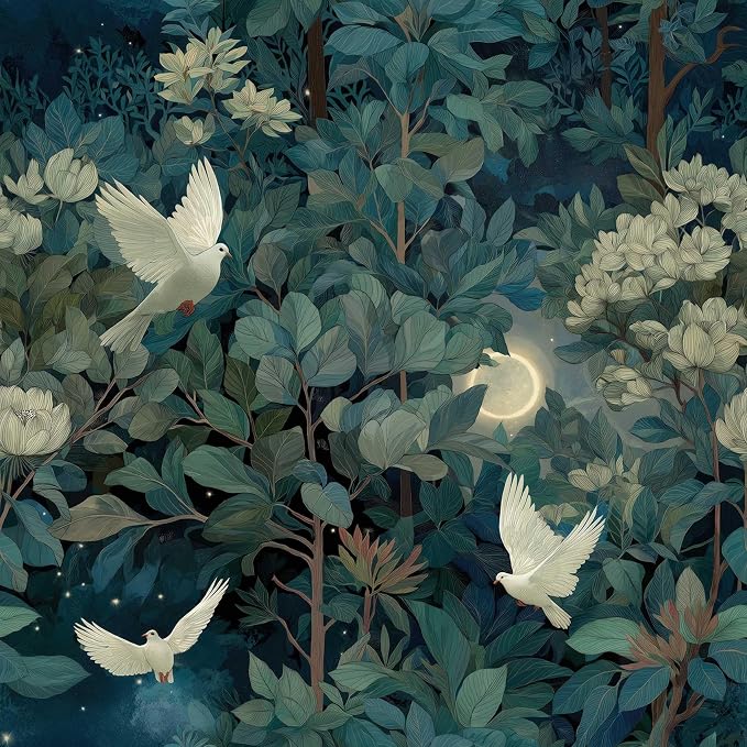 Vintage Night Dove Floral Botanical Peel and Stick Wallpaper | Deep teal moonlit forest dove and blossom print, Removable waterproof vinyl wall covering, bedroom accent wall decor by Unknown