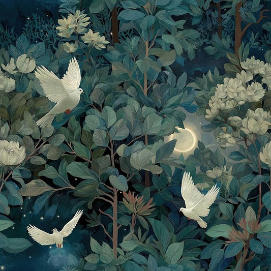 Vintage Night Dove Floral Botanical Peel and Stick Wallpaper | Deep teal moonlit forest dove and blossom print, Removable waterproof vinyl wall covering, bedroom accent wall decor by Unknown