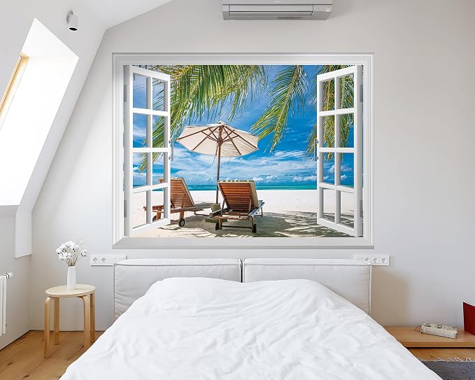 FLFK Fake Window Wall Mural - Ocean Beach Faux Window Wall Decal for Wall Decor, Peel and Stick Wall Sticker,80"x60",Set of 5 Sheets - Image 4
