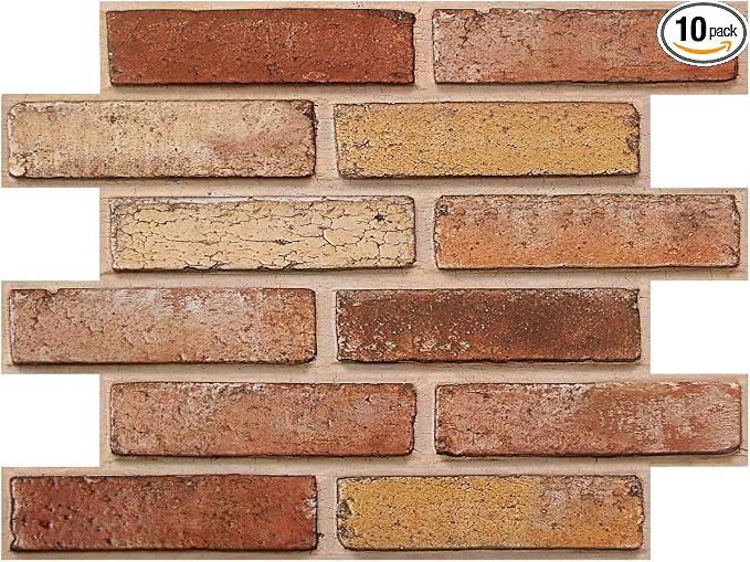 COMSTICKC 3D Faux Brick Wall Panels Peel and Stick Decorative Tiles | 10 Pcs 15.7" x 11.8", Yellow-toned Red, Not Real Brick, Ultra-Light Thin PVC 3D Fake Brick Sticker Wallpaper,Cover 12.9 sq ft by COMSTICKCDECOR