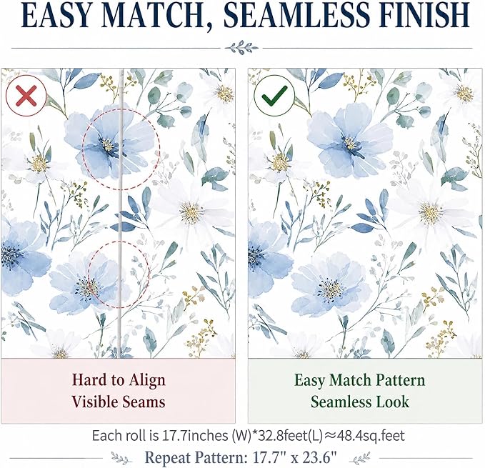 Light Blue Floral Peel and Stick Wallpaper, 17.7in x 393.7in | Self-adhesive and removable watercolor flower design for bedroom, living room, and accent wall - Image 4