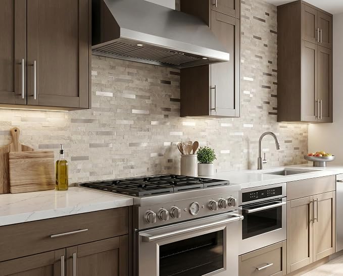 Yipscazo 10 Sheets Peel and Stick Stone Metal Tile Backsplash, Stick on Tiles for Backsplash Kitchen, Bathroom, Laundry Room, Camper, Fireplace (12'' X 12'', Beige Stone with Gold Metal) - Image 3