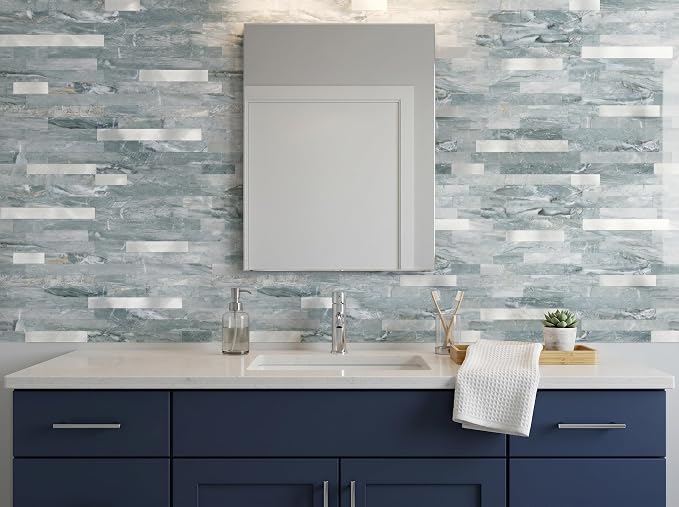 Yipscazo 5 Sheets Peel and Stick Stone Metal Tile Backsplash, Stick on Tiles for Backsplash Kitchen, Bathroom, Laundry Room, Camper, Fireplace (12'' X 12'', Polished Cyan) - Image 8