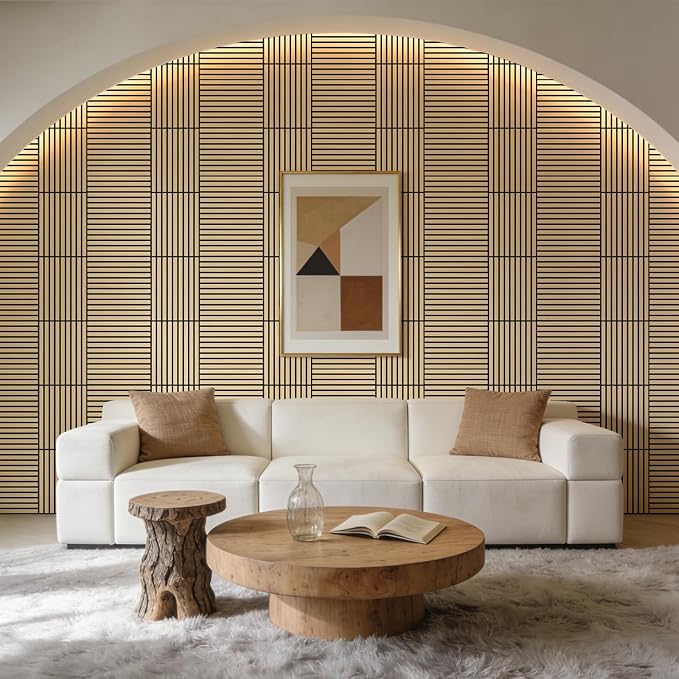 WADILE 16 Pack Self Adhesive Acoustic Wall Panels in Wood Look 11.8"x15.7" | Soundproofing PVC Slats on Felt, Decorative Wall Panels for Living Room & Bedroom Accent Wall - Image 6