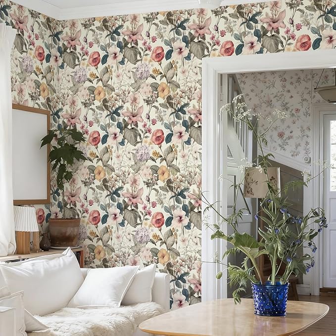 Jeweluck Vintage Floral Wallpaper Peel and Stick Wallpaper 16.9”x590.5” | Flower Contact Paper Poppy Floral Wall Paper Boho Removable Self Adhesive Wallpaper for Bedroom Drawer Liner Decorative Vinyl - Image 4