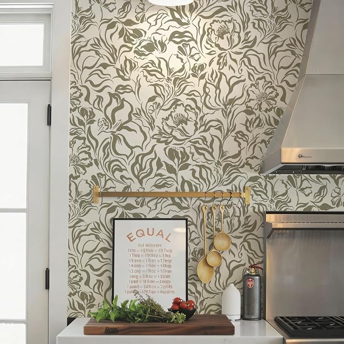 Ismoon Vintage Floral Wallpaper Peel and Stick Beige and Green Contact Paper 17.3in x 32.8ft Peony Flower Abstract Striped Floral Wallpaper for Bathroom Bedroom Removable Vinyl Renter Friendly by Ismoon