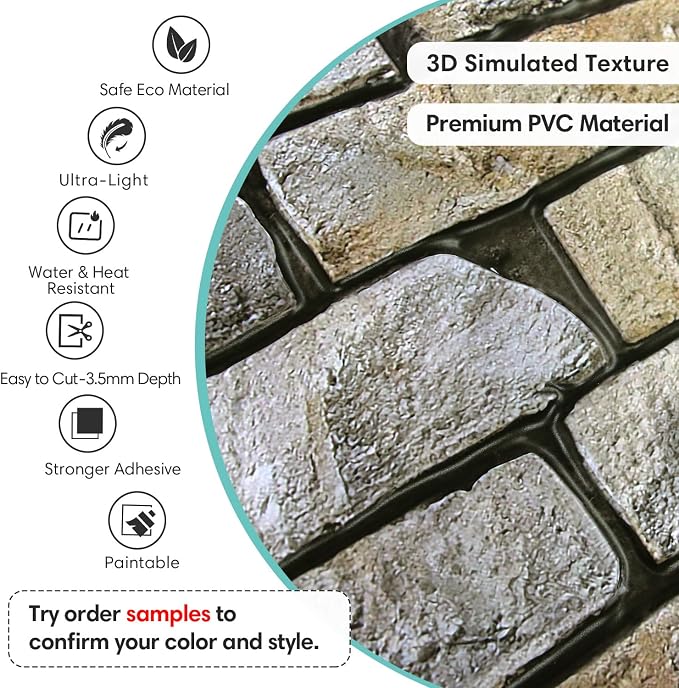 Commomy Peel and Stick Faux Stone 3D Wall Panels 12 pcs of 22.8" x 11.8" | Thin & UrltraLight PVC Printable Brick Wall Panels for Bedroom,Living Room,TV Background (Covers 22.48 sq.ft) - Image 3