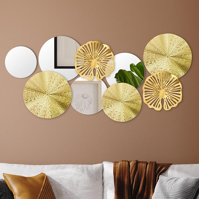 Hicarer 9 Pcs Gold Mirror Wall Decor Round Metal Art Decor Decorative Modern Circle Mirror Wall Art Sculpture Hanging Decorations for Home Living Room Bedroom Office(Gold) by Hicarer