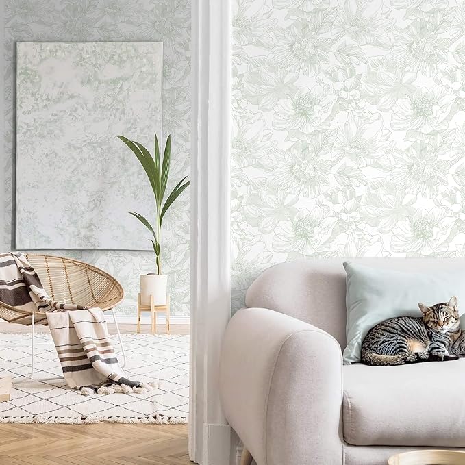 Ismoon Large Floral Peel and Stick Wallpaper Boho Green and White Contact Paper 17.3inx6.5ft Modern Wall Paper Removable Self Adhesive Vinyl Wallpaper for Bedroom Cabinet Bathroom Mural Wall Decor - Image 8