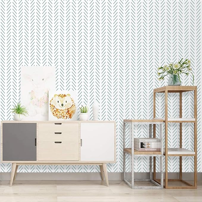 Erfoni Peel and Stick Wallpaper Green Herringbone Wallpaper for Bathroom | 17.7in x 118.1in Modern Geometric Removable Contact Paper Green and White Line Peel Stick Self Adhesive Wallpaper for Walls - Image 5