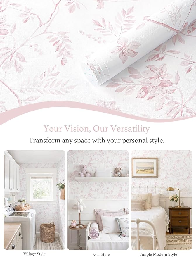 Dimoon Pink Peel and Stick Wallpaper Floral Contact Paper Boho Modern Cottage Wall Paper White Bird Village Wallpaper Renter Friendly Botanical Waterproof for Bathroom Kitchen 194"x17.3" - Image 7