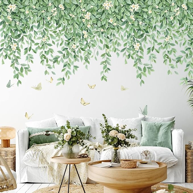 Green Leaf Wall Decals Hanging Vine Wall Sticker Plant Flower Wall Decal Butterfly DIY Removable Wall Stickers Peel and Stick Art Murals for Bedroom Living Room Kids Nursery by Aurbhosa