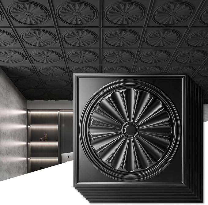 Art3dwallpanels Ceiling Tiles 12 Pack, 24 x 24 Inch, Black | Drop Ceiling Tiles, High Grade PVC, 3D Wall Panels for Interior Wall Decor, Fire Rated, Waterproof, Light Weight by Art3dwallpanels