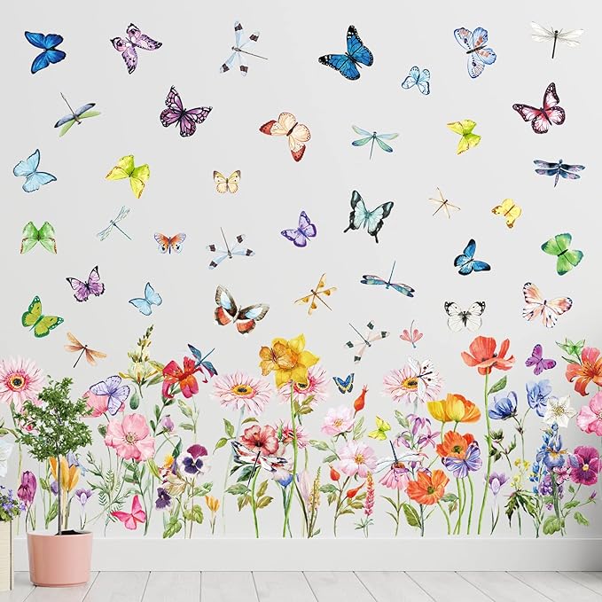 Zonon 6 Pcs Flower Wall Decals Peel and Stick Sticker, Modern | Vinyl Removable Wall Stickers, Colorful Butterfly and Dragonflies Wall Decals, Wildflower Decor for Bedroom, Living Room by Zonon