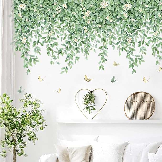 Green Leaf Wall Decals Hanging Vine Wall Sticker Plant Flower Wall Decal Butterfly DIY Removable Wall Stickers Peel and Stick Art Murals for Bedroom Living Room Kids Nursery - Image 2