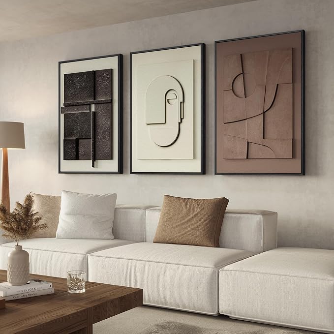 3D Large Framed Brown Abstract Wall Art for Living Room, 3Piece 24x36 In | Solid Wood Frames, Sandstone Textured Artwork for Walls, Black White Geometric Sculptural Pictures Wall Decor Bedroom Office - Image 6