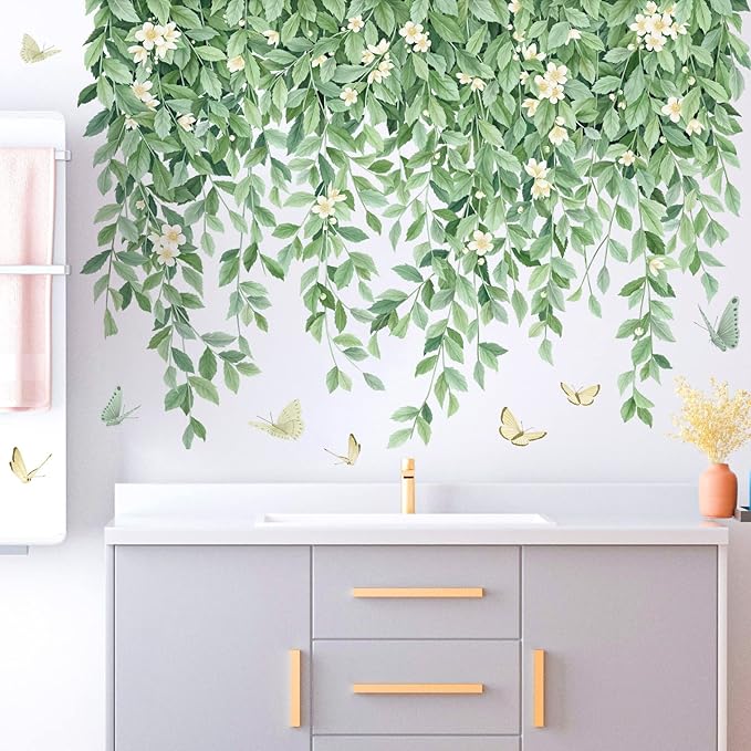 White Flowers Wall Decals Hanging Green Leaves Wall Stickers Butterflies Plants DIY Art Mural Decortions for Kids Baby Girls Bedroom Living Room Offices Nursery Classroom Closet Ceiling Vertex Line (A) by LiveGallery