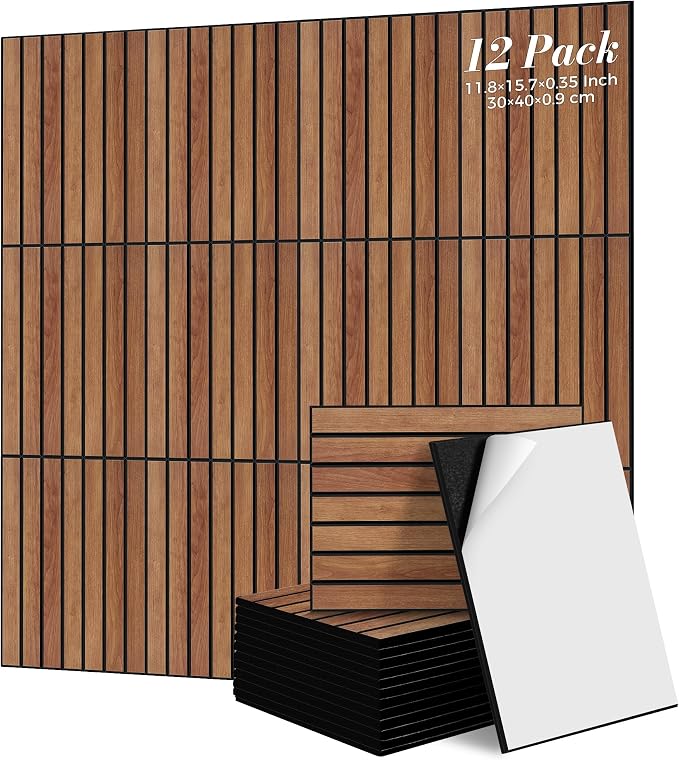 TO-TH Acoustic Panels Self-Adhesive Sound Proof Wall Panel 12 Pack, Cherry | PVC Wood Grain Finish, Peel and Stick Wall Panels, 100% Polyester Fiber, 11.8"x15.7"x0.35", Sound Absorbing for Office&Studio by TO-TH