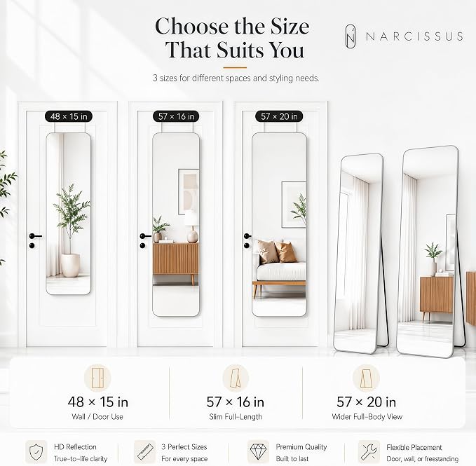 NARCISSUS Full Length Mirror 57x20 Inch, Over The Door Mirror with Stand, Wall Mounted or Freestanding/Door Hanging Full Body, Aluminum Alloy Frame, Silver - Image 9