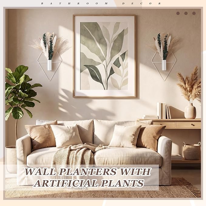 Canlierr 4 Pcs White Wall Decor Hanging Planters with Artificial Plants Eucalyptus Pampas Grass Metal Hanging Vase Indoor Plants Holder Modern Boho Wall Art for Bathroom Bedroom Living Room Decor - Image 4