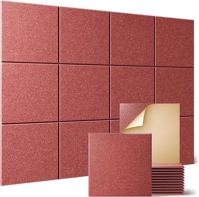 Sonicism 12 Pack Acoustic Wall Panels with Self-Adhesive, 12" X 12" X 0.4" Sound Proof Foam Panels, Decorative Soundproof Wall Panels, Sound Proof Absorbing Tiles for Home & Offices, Red by Sonicism