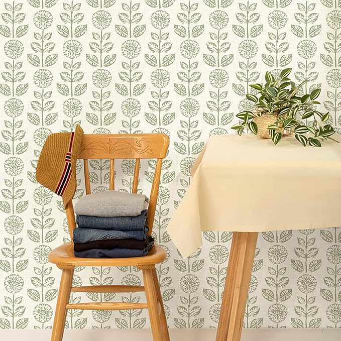 Wudnaye Floral Wallpaper Peel and Stick Boho Contact Paper 17.7in×118in | Vintage Floral Peel and Stick Wallpaper Boho Self Adhesive Wall Paper Beige Green Waterproof Removable Wallpaper for Bathroom - Image 6