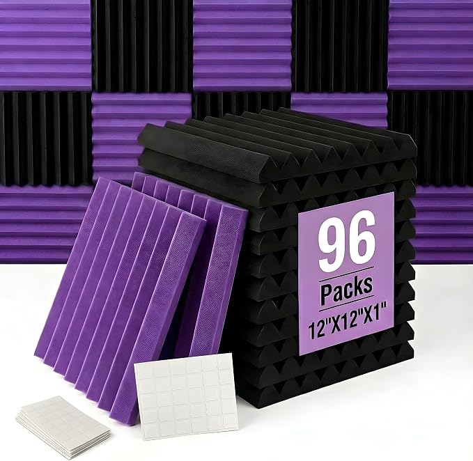 96 Pack Allxinlog Absorb the echo Acoustic Foam Panel Wedge Studio Soundproofing Wall Tiles 12" X 12" X 1" (Accompanied By Double-Sided Adhesive Tape)(48Purple+48Black) by XIN%26LOG