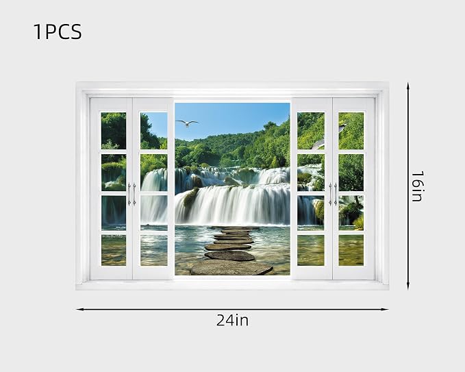 FLFK Fake Window Wall Decal - Waterfall Nature Scene Peel and Stick Mural, 24 x 16 inches - Image 2