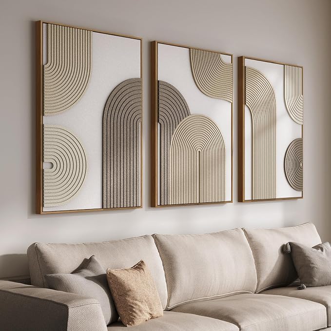 Large 3D Textured Framed Boho Neutral Abstract Wall Art, 3 Piece 24x36 inch | Modern Geometric Paintings Artwork for Walls, Minimalist Beige White Wall Decor for Living Room Bedroom Dinging Room Office by Cuspin