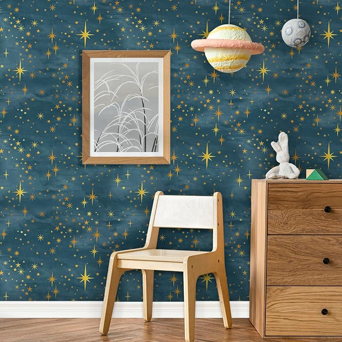 Navy Peel and Stick Wallpaper Gold Star Self Adhesive Contact Paper Sticker | Removable vinyl film, golden star wall stickers, retro starburst ceiling decor, art murals, for cabinets bedroom living room - Image 9