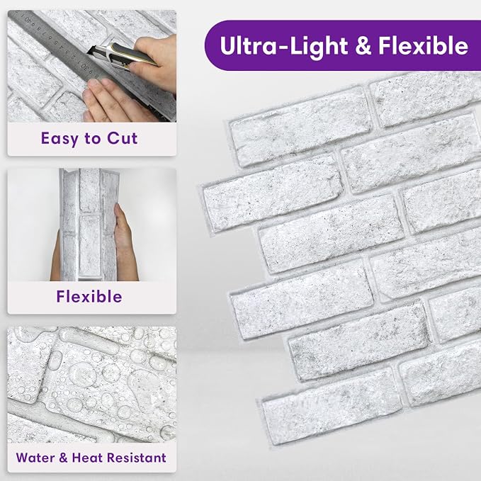 3D Peel and Stick Faux Brick Wall Panels 11.8" x 11.8" 10-Pack | Grey Spot Whitewash, Small Brick-Look Textured Sticker, Thin PVC Self Adhesive Wall Tiles for Interior Decor, Cover 9.7 sq ft - Image 8