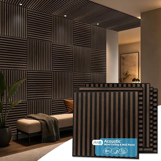Art3d 12-Pack Acoustic Wood Slat Panel & Ceiling Tile, 2 x 2 ft, Walnut | Crack-Resistant, Scratch-Resistant, Eco-Friendly, Durable, Grid Compatible, Ideal for Living Room, Bedroom & Home DIY Upgrade by Art3d