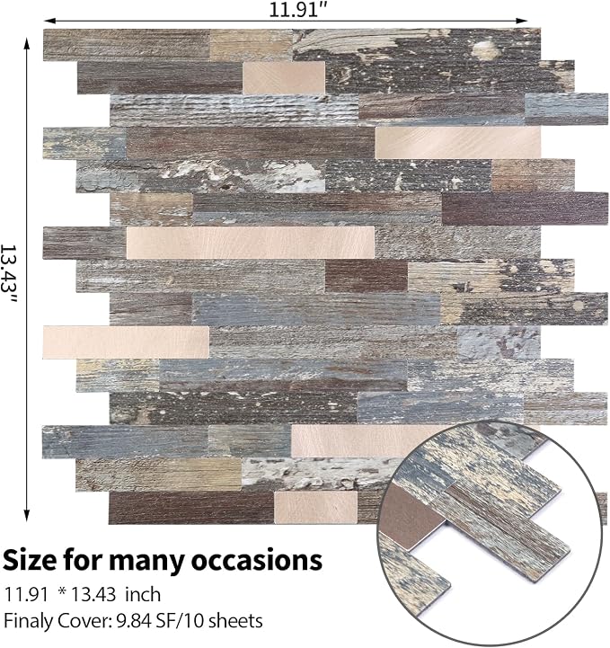 Yipscazo 10 Sheets Peel and Stick Wood Metal Tile Backsplash, Stick on Tiles for Backsplash Kitchen, Bathroom, Laundry Room, Camper, Fireplace (12'' X 12'', Mix Rustic with Gold) - Image 2