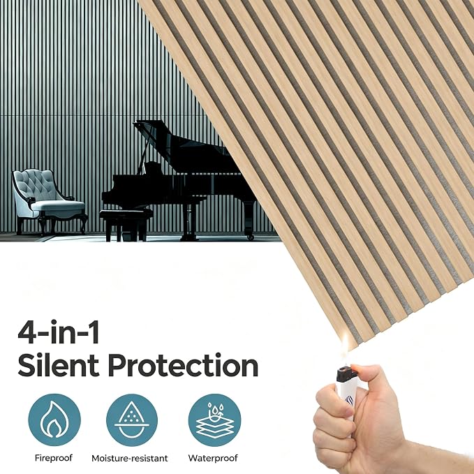 AKUMAX Wood Slat Acoustic Wall Panels, 4 Pack 24 x 48 in Each, 31 ft², NRC 0.80 Sound Absorbing 3D Slat Wall Paneling with Real Wood Veneer, E0 MDF and PET Felt, Classic Oak - Image 5