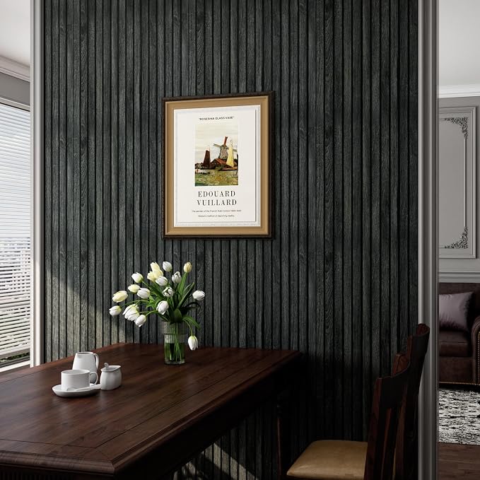 LACHEERY 15.8"x276" Faux Wood Slat Panels for Accent Wall Black Wood Slat Wallpaper Peel and Stick Bathroom Waterproof Wooden Slats Wall Panel Peel and Stick Wallpaper for Bedroom Living Room Walls - Image 3