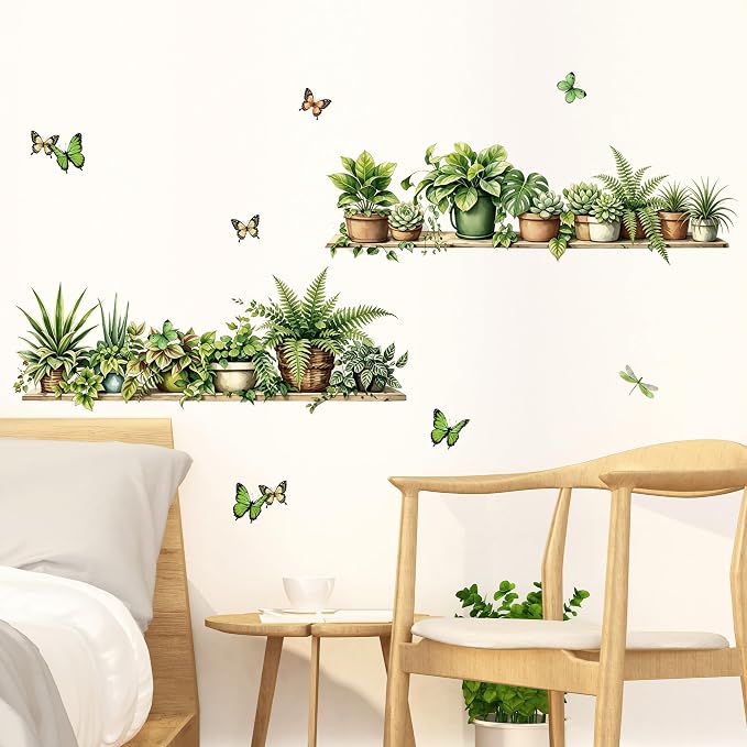 3D Green Potted Plant Wall Decals - Tropical Butterfly Leaves Vinyl Wall Stickers, Peel and Stick, Removable, Wall Art - for Living Room, Bedroom, Tv Background, Home Office, and Wall Mural - Image 4