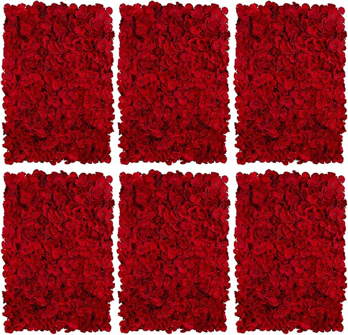 BLOSMON Red Flower Wall Backdrop for Party Decor, 6 Pcs, 24 x 16 Inches | Easy to Use, Artificial Hydrangea Floral Panels for Wedding, Bridal Shower Decorations, Fake Hanging Silk Flower Backdrop by Blosmon