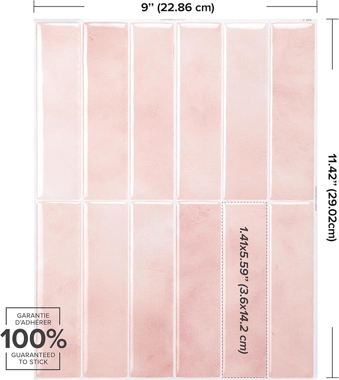 Smart Tiles Peel and Stick backsplash, Stacked Powder Pink, 11.43"x9" | Pack of 5 (3.5 sq ft), Glossy, Heat/Moisture Resistant, Low VOC, Kitchen/Bathroom, Renter Friendly, Made in Canada - Image 3