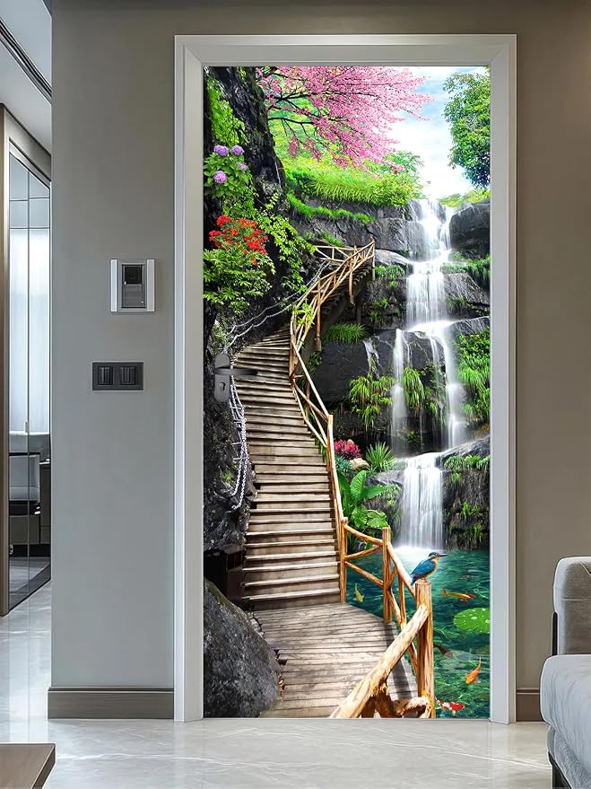 artfanke 3D Trestle Bridge Waterfall Door Sticker Peel and Stick 30.3"x78.7"- Self-Adhesive Door Murals Wallpaper - Waterproof Wall Decal for Bedroom Decor (2 Sheets/Set) - Image 2