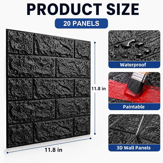 3D Wall Panels Peel and Stick Faux Foam Brick Wallpaper Covering | Black 20 PCS 11.8"×11.8" Self Adhesive Stone Wall Tiles for DIY Interior Wall Decor - Image 2