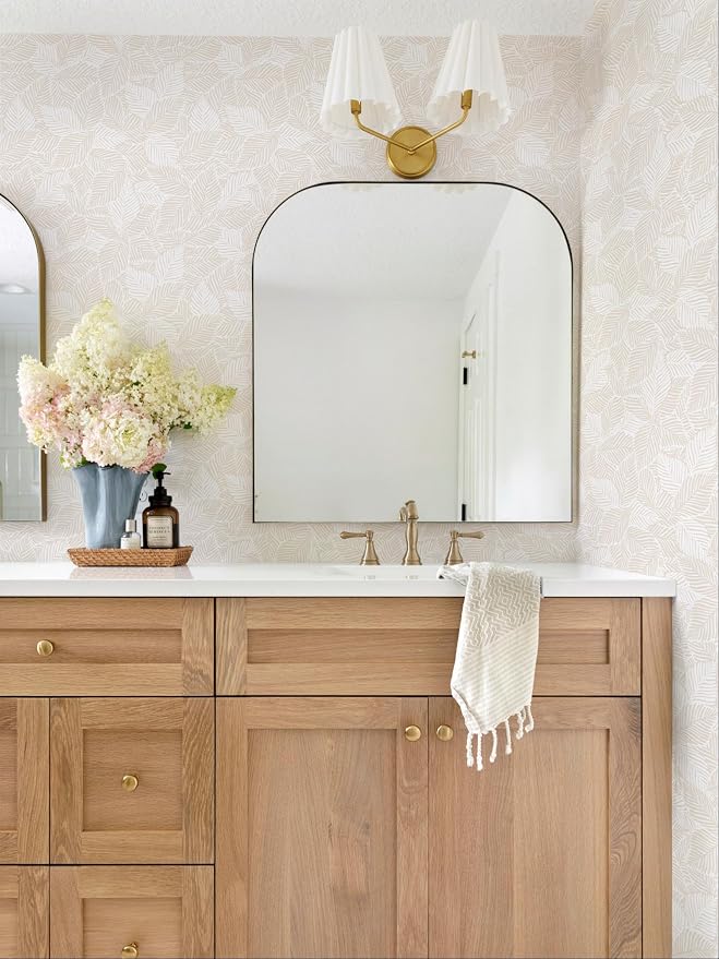 Dimoon Peel and Stick Wallpaper Beige Geometric Contact Paper for Bathroom Kitchen Striped Botanical Stick on Wall Paper Leaf Boho Removable Wallpaper Renter Friendly Vinyl Waterproof 17.3''x78.7'' - Image 2