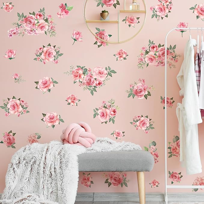 Pink Flowers & Green Leaves Wall Decals - Removable Peel & Stick Garden Floral Wall Stickers for Bedroom & Living Room by DRWSSR