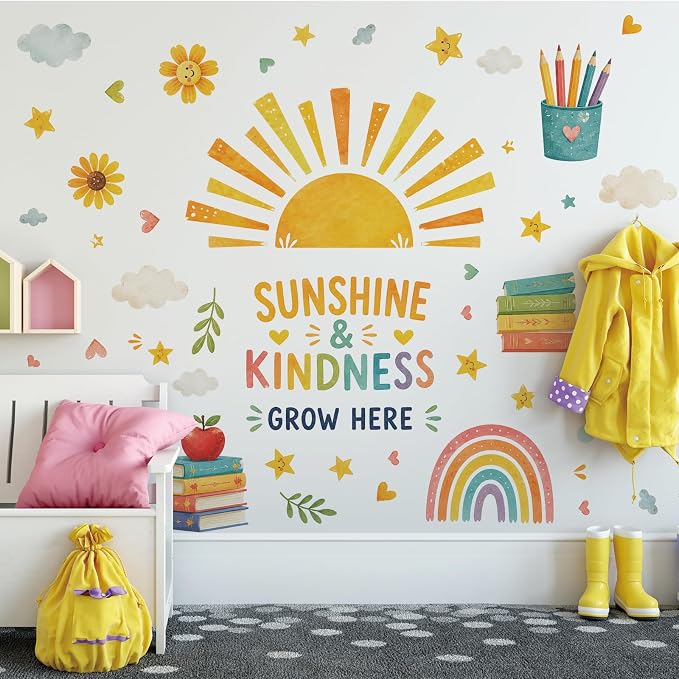 Boho Sun Wall Decal Watercolor Modern Half Sun Wall Decal Sun Rainbow Books Wall Stickers Vinyl Sticker for Classroom Playroom Bedroom Wall Decor - Image 5